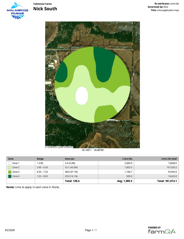 QA Advisor variable rate prescription load sheet showing a lime application map with management zones, rates per acre, acreage, and product totals.
