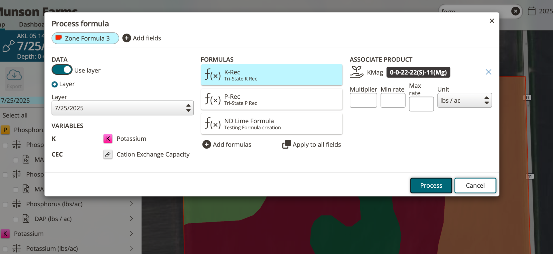 QA Advisor Advanced Prescriptions screen showing agronomic formulas applied to soil test data to calculate variable rate fertilizer recommendations.