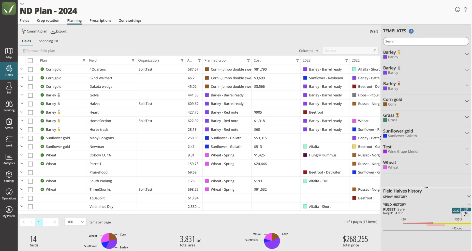 QA Advisor crop planning screen showing planned crops, field acreage, costs, crop rotations, and reusable plan templates across multiple fields.