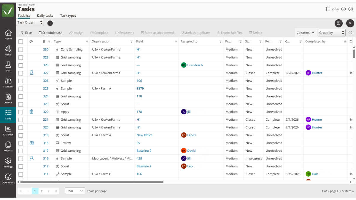QA Advisor task list showing fieldwork assigned to team members with task type, field, status, and completion details.