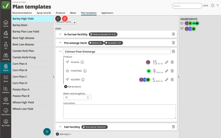 QA Advisor crop plan template showing seasonal application steps, products, rates, and mode of action groups.