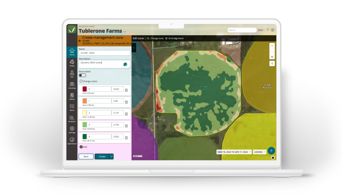 QA Advisor map showing five management zones created from satellite imagery based on variability within a field.