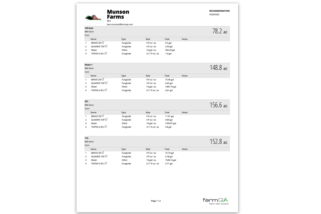 QA Advisor recommendation report showing treatment recommendations, product rates, and totals for multiple fields.