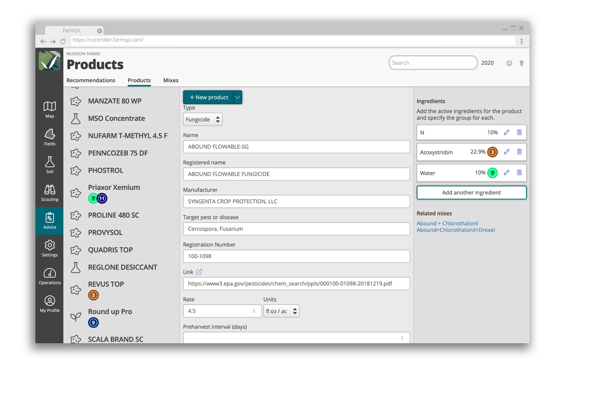 Product list in QA Advisor showing product details, application rates, active ingredients, and mode of action groups.