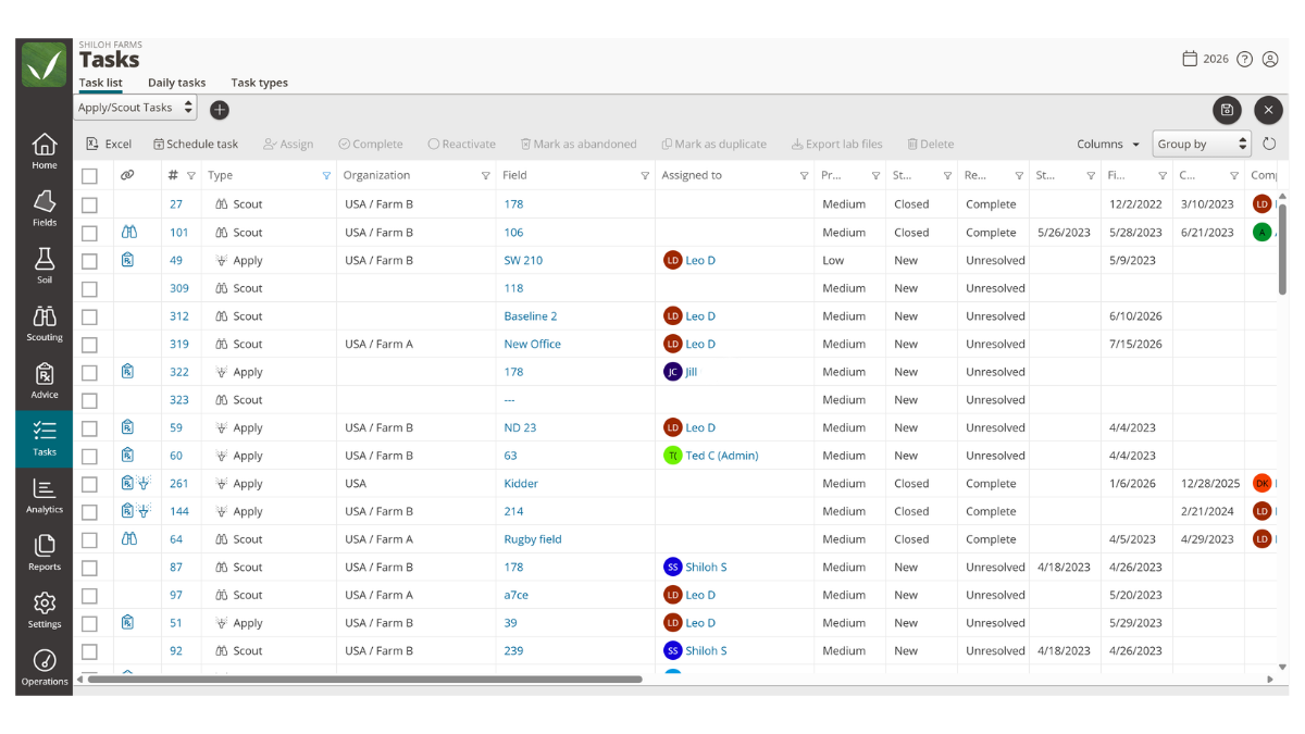 QA Advisor task list showing scouting and application tasks with assigned fields, team members, priorities, and completion status.