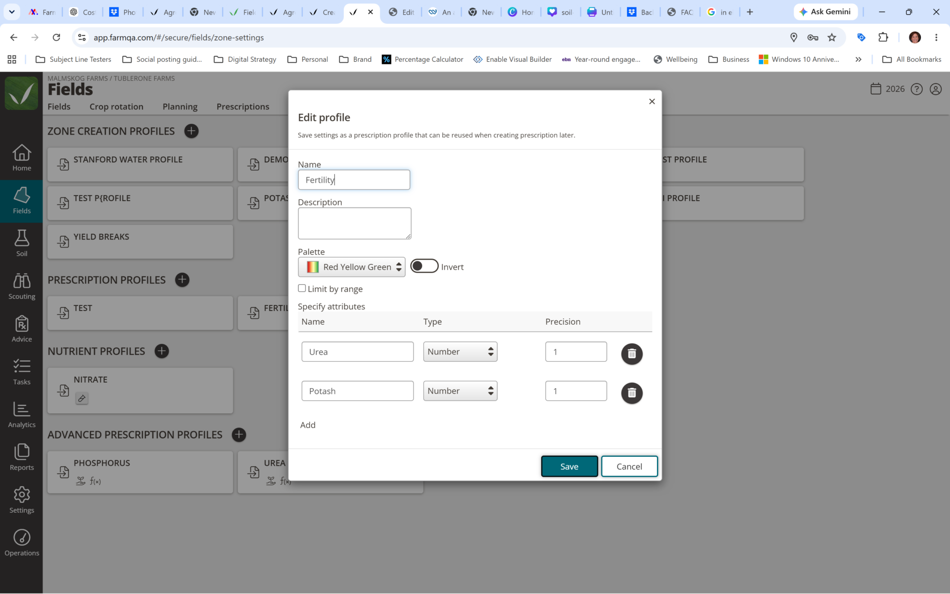 QA Advisor prescription profile showing reusable settings for fertilizer products and prescription attributes.