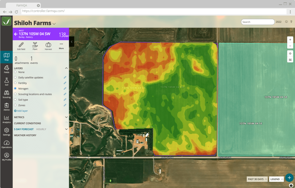 QA Advisor field map showing a spatial data layer and available layers including satellite imagery, fertility, nitrogen, soil type, scouting data, and management zones.