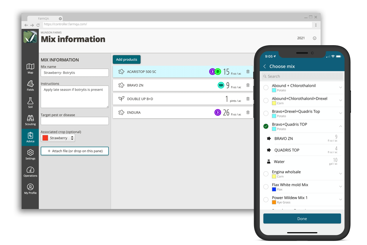 Tank mix recommendation in QA Advisor on web and mobile, showing products, rates, and mode of action groups.